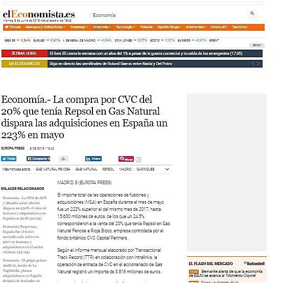 La compra por CVC del 20% que tena Repsol en Gas Natural dispara las adquisiciones en Espaa un 223% en mayo